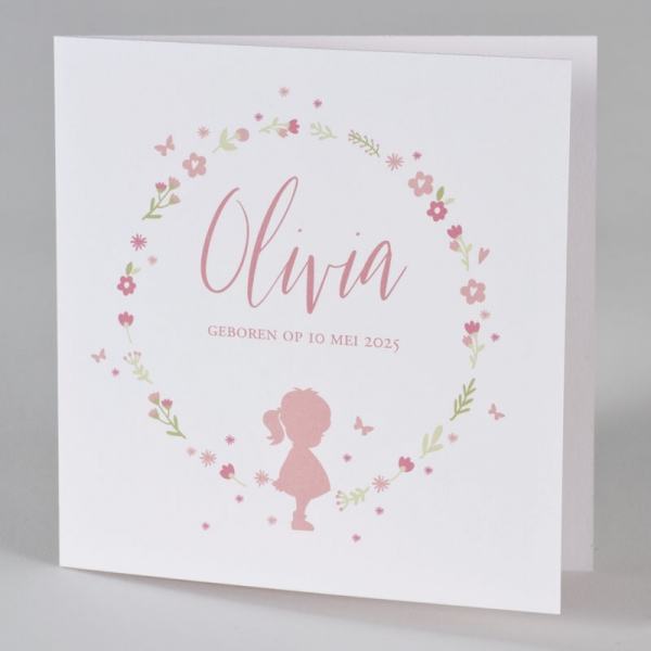 Geboortekaart roze silhouet meisje in bloemenkrans