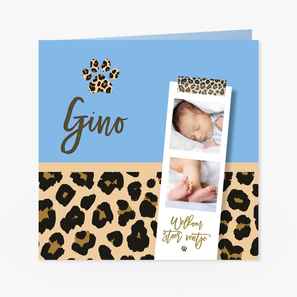 Geboortekaartje voor jongen met panterprint en eigen foto