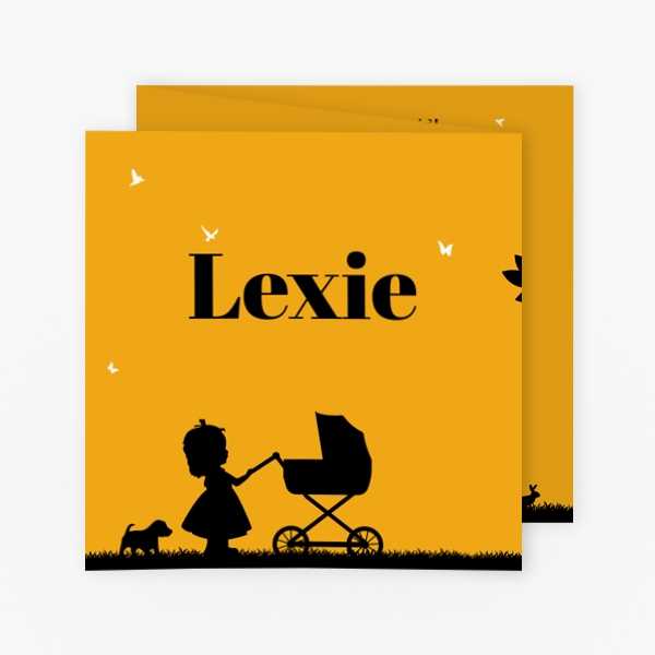 Geel met zwart geboortekaart meisje en kinderwagen silhouette