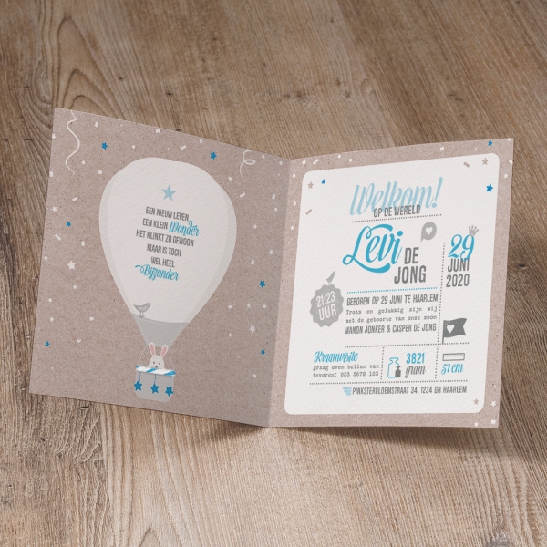 Lieflijk geboortekaartje met stoere luchtballon en blauw/wit touwtje