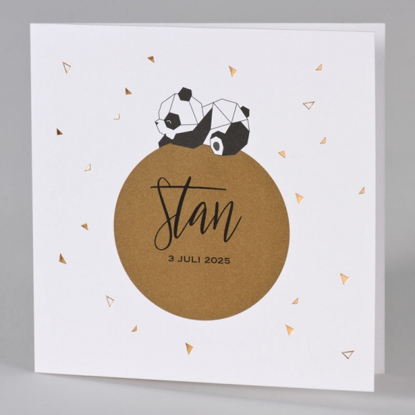 Trendy geboortekaart met geometrische panda en koperfolie