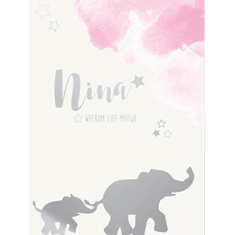 Geboorteproduct Posters - Poster 1 olifant roze waterverfwolk met zilverfolie