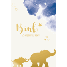 Geboorteproduct Posters - Poster 2 olifant blauwe waterverfwolk met goudfolie