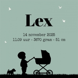 Geboorteproduct Posters - Poster 3 groen met zwart jongen en kinderwagen silhouette